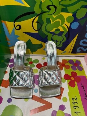 Bottega Veneta Silver Quilted Slide Sandals